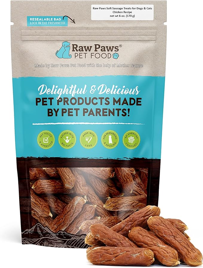 Raw Paws Grain-Free Soft Sausage Treats for Dogs & Cats - Chicken Recipe, 6-oz - USA Chicken Sausage Dog Treats - Soft Treats for Dogs & Cats - Dog Sausage Treats