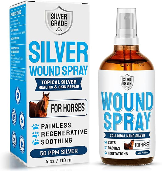 Horse Wound Care Spray with Silver – Wounds, Scratches, Cuts, Abrasions, Itching, Hot Spots, Skin Irritation – First Aid Solution and Breeds – 4 Oz