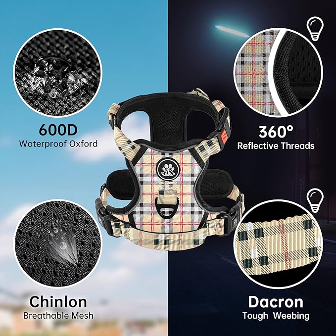 NESTROAD No Pull Dog Harness with Leash, Reflective No Choke Pet Vest Harness,Adjustable Soft Padded Dog Harness with Easy Control Handle for Medium Dogs(Checkered Beige,Medium)