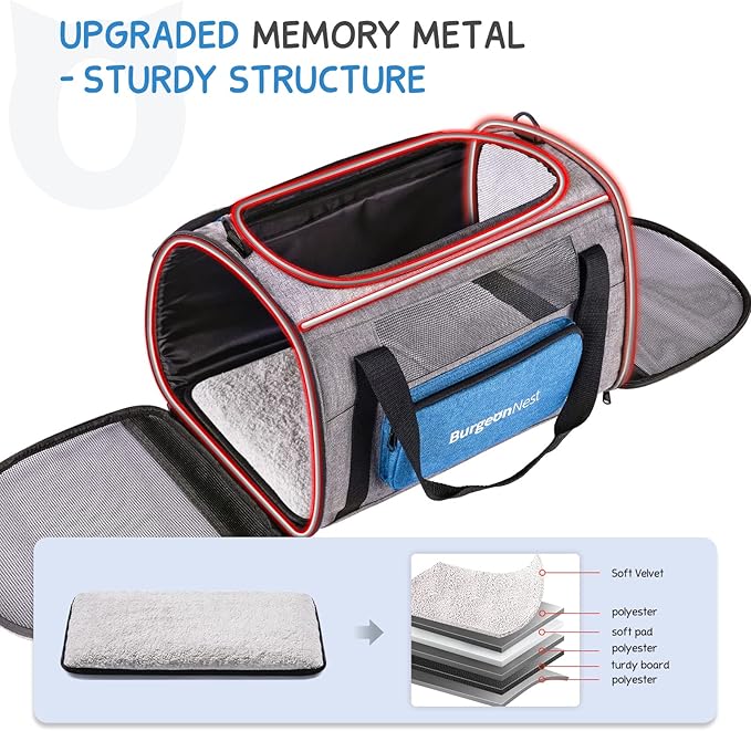 BurgeonNest Cat Carrier for Large Cats 20 lbs, Soft-Sided Pet Carrier for Small Dogs Medium Puppy Under 25 lbs, Puppy Travel Bag with Big Storage Bag, 4 Ventilated Windows, 3 Doors