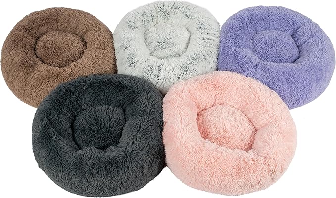 Best Pet Supplies Round Donut Dog Bed with Plush Faux Fur Fabric, Calming, Anti-Anxiety Cushion for Indoor Pets, Slip-Resistant Base, Soft Ergonomic Support - Lavender, 30x30x8''