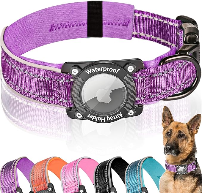 Upgraded AirTag Dog Collar, IP68 Waterproof Dog Collar with Apple Air Tag Holder, Reflective Adjustable Heavy Duty Dog Collars with Soft Padded for Small, Medium and Large Dogs,Purple, L