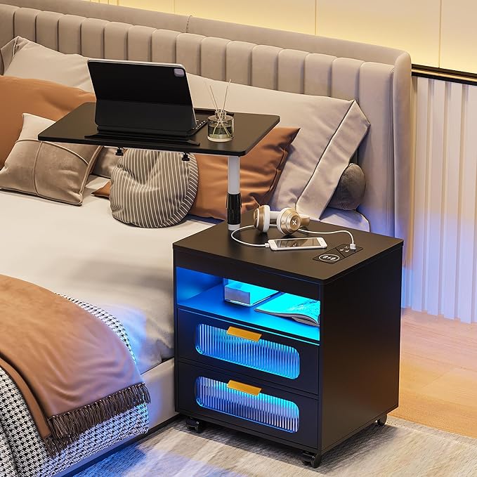 HNEBC Nightstand with Wireless Charging Station, LED Nightstand Has Adjustable Rotary Workstation,Smart Night Stand with 2 Drawers,Modern Bedside Table for Bedroom, Sensor Light/Wheel (Black)