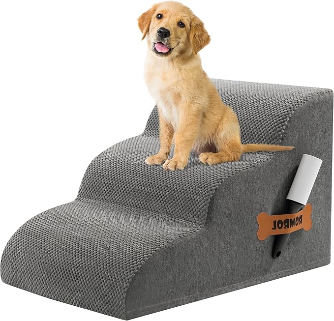 Romrol Dog Stairs Ramp for Beds Couches, 15.7” H 33D Extra Wide Pet Steps with Durable Non-Slip Waterproof Fabric Cover, Dog Slope Stairs for Small Dogs and Cats or Pets Friendly, 3-Tiers, Grey