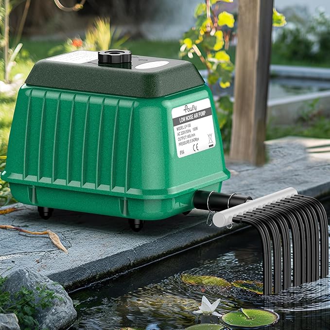 Pawfly Pond Air Pump Outdoor Oxygen Pump for Fish Koi Ponds 3000 to 10000 Gallons Adjustable Pond Garden Aerator Pump Kit with Airline Tubing Control Lever Valves Air Stones and Check Valves