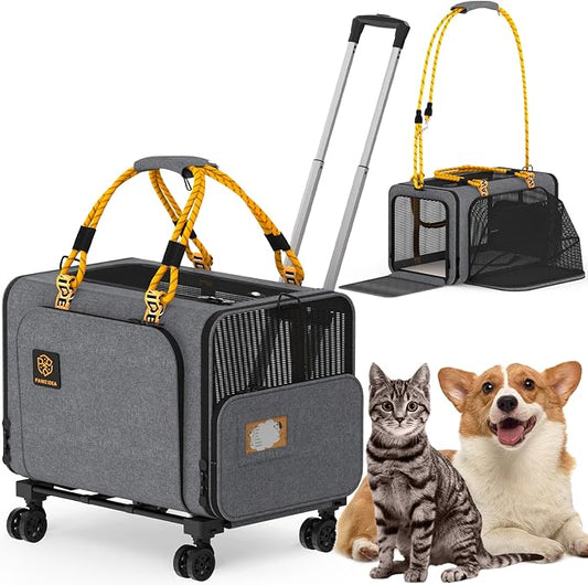 PAWZIDEA Expandable Pet Carrier with Wheels, 24x16x16in Large Cat Carrier for 2 Cats, Soft-Sided Dog Carriers for Small Medium Dog, Collapsible Rolling Travel Bag w/Telescopic Handle, Shoulder Straps