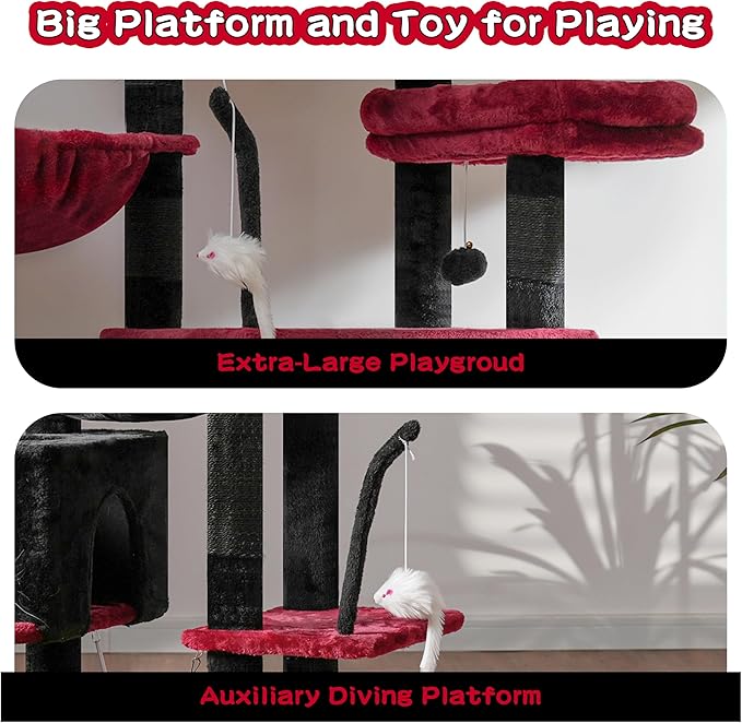 Gothic Cat Tree, Cat Tower for Large Cats with 2 Big Platforms, 2 Baskets, condo and Toys, 63" Cat Scratching Posts for Indoor Cats, Black and red GCT020BR