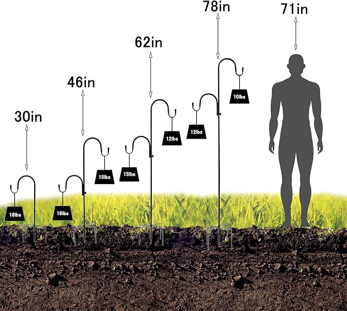 MIPON 78 Inch Double Shepherds Hooks for Outdoor Bird Feeder,Hanging Plants,Solar Light,Adjustable 78/62/46/30 Inch,3/4 Inch Width Garden Shepards Hook