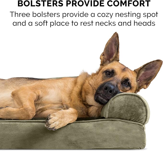 Furhaven Cooling Gel Dog Bed for Medium/Small Dogs w/ Removable Bolsters & Washable Cover, For Dogs Up to 35 lbs - Faux Fur & Velvet Sofa - Dark Sage, Medium