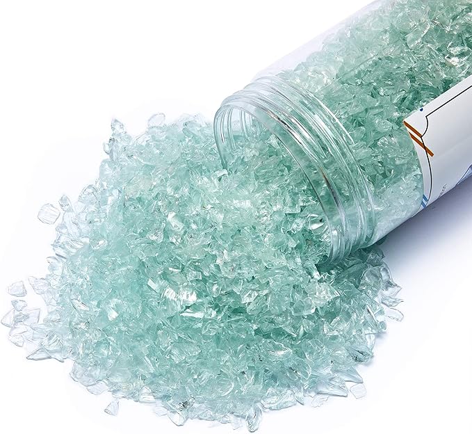 TWINKLING High Luster Fire Glass Gravel Stone Glitter,Broken Glass,Fire Gems Chips,Crushed Glass for Fire Pit Crafts Resin Art Aquarium Garden Decoration,3-6mm,1-Pound Jar (Aqua)