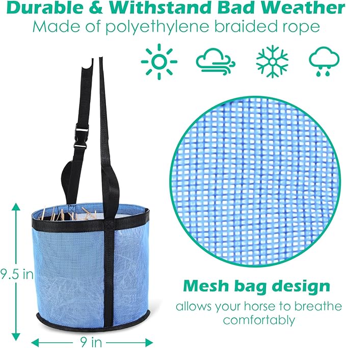 2 Pcs Horses Feed Horse Bag for Grain Hay Bags Heavy Duty Mesh Horse Feeder with Adjustable Strap Comfort Neck Pad Nose Pad and Waterproof Bottom Muzzle(Blue)