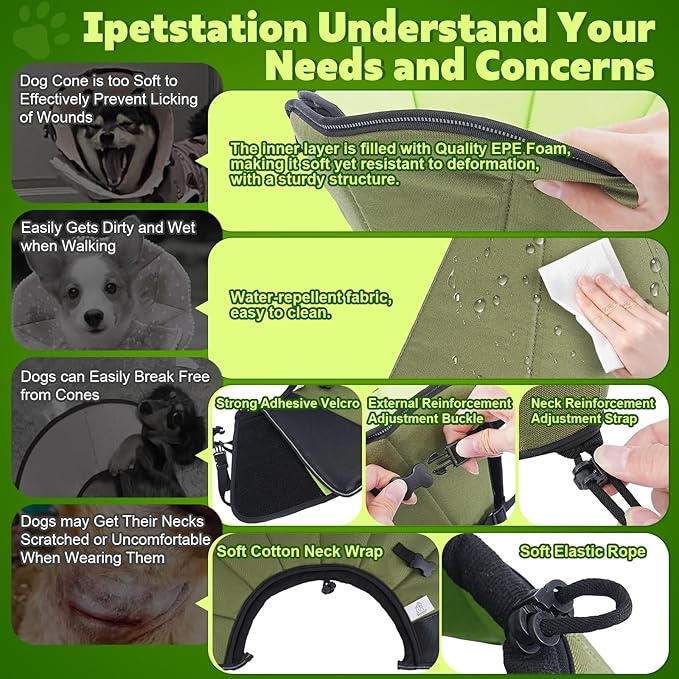 Soft Dog Cone After Surgery: Comfortable Dog Cones Collar for Stop Licking Biting - Adjustable Elizabethan Collar for Dogs fit for Small Medium Large Dogs (Green, L)