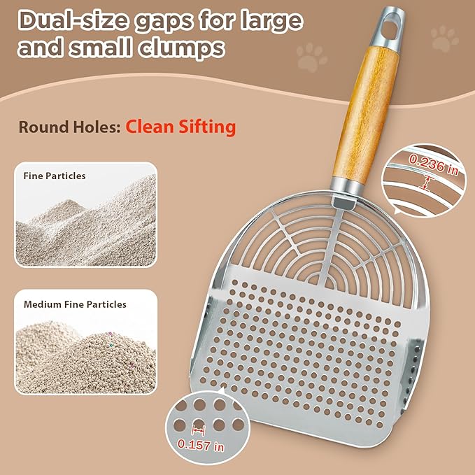 Cat Litter Scoop, Litter Scooper, Metal Cat Litter Scoop, Stainless Steel Cat Litter Scoop, Kitten Pooper Lifter, Kitty Metal Scooper with Holder for Cat Litter Box Round Holes Easy Cleaning