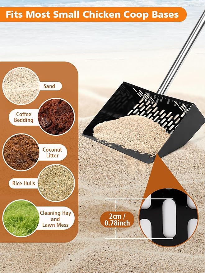 Chicken Poop Scooper with Ergonomic D-Grip 64" Long Handle 4 Sections Adjustable Stainless Steel Chicken Coop Scooper for Sand Sifting Shovel Farm Beach Garden Yard Waste Litter Pooper Cleaning Tools