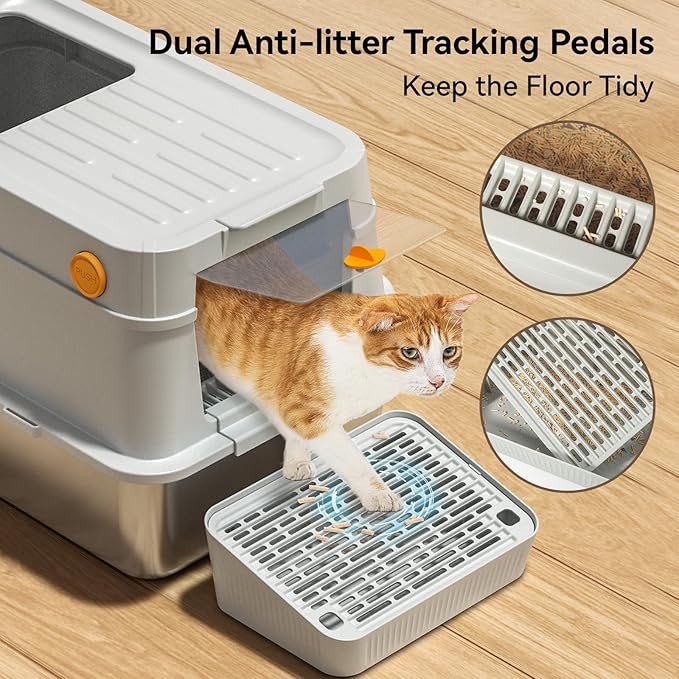 XL Stainless Steel Cat Litter Box with Easy-Open Lid, AOTRUTII Enclosed Metal Litter Box for Big Cats, Front Entry & Top Exit, High Sided, Anti-Leak, Non-Stick, Easy to Clean, Includes Scoop