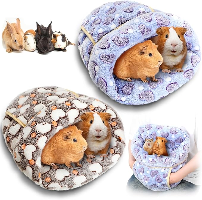 Wenqik 2 Pcs Guinea Pig Bed Cuddle Warm Hideout Small Animal Sack Cozy House Bedding Sleeping Cushion Portable Pet Carrier Cage Nest for Rabbit Hamster Rat(Gray, Pink,Heart)