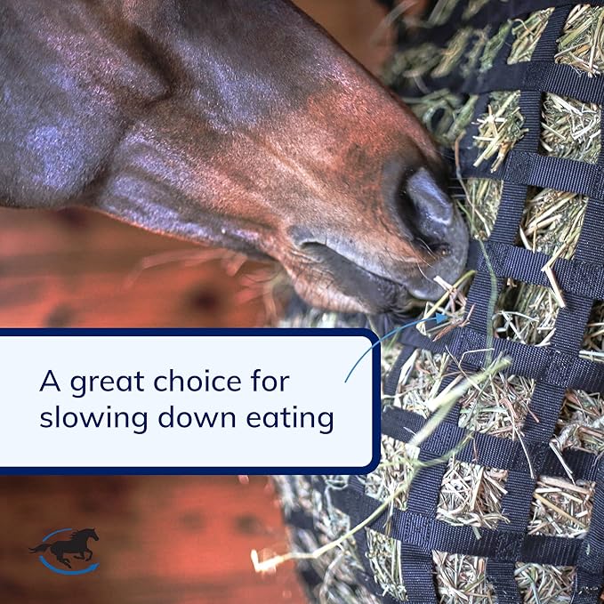 SmartEquine Slow Feed Hay Bag for Horses | Hay Feeder Net with Resistant Nylon | Gator Mouth Enclosure for Easy Loading | Fits 10-15 lbs of Hay | 4 Flakes Bag | 37" x 30" | Navy Blue | 2" Holes