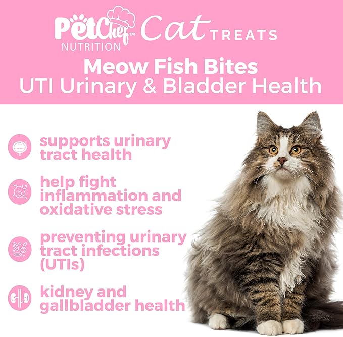 Pet Chef Feline Treats - Fix Cat UTI - Natural & Organic UTI Remedy for Cats. Feline UTI Prevention - Low Calories- Reduce cat Fur Balls, and Vomiting. Cat Urine Crystals Prevention.