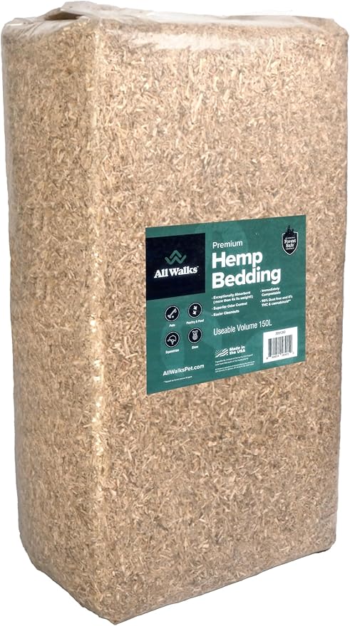 All Walks 150 Liter(30 lbs) Hemp Bedding for Chicken Coops, Hamsters, Ducks, and Turkeys - 100% Natural, Superior Odor Control, Biodegradable Pet Bedding, Dust-Free - Made in USA