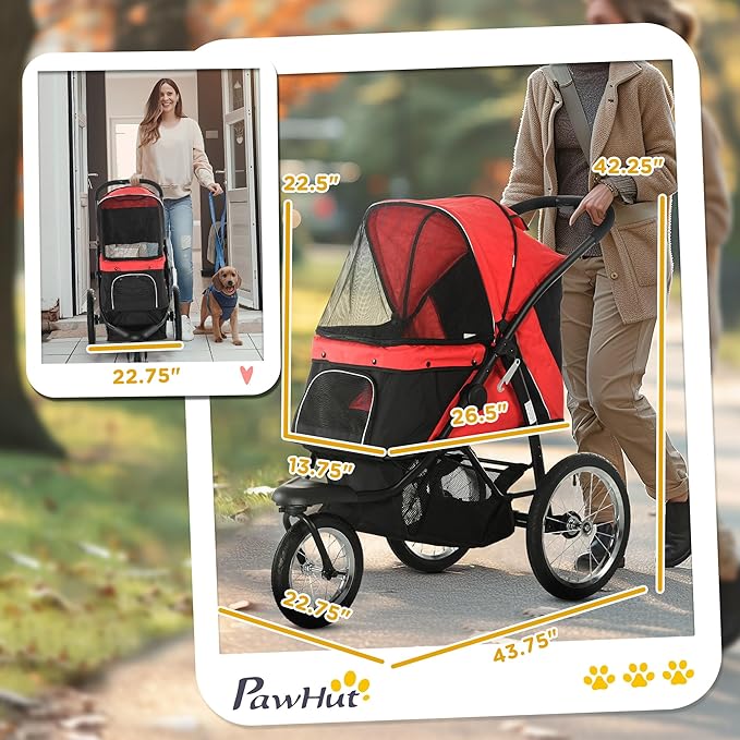 PawHut 3 Wheels Pet Stroller for Small and Medium Dogs, Foldable Cat Stroller Jogger with Adjustable Canopy, Safety Tether, Cushion, Storage Basket, Red