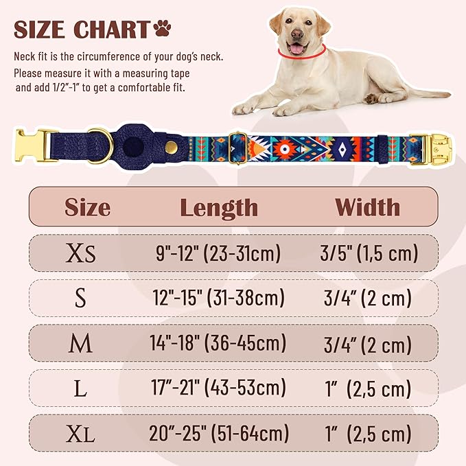 AirTag Dog Collar for Small Medium Large Breed - Adjustable Cute Pattern Dog Collar with Airtag Holder - Soft Leather Tracker GPS Apple Air Tag Pet Collars (Small, 12"-15" Neck Fit, Navajo)
