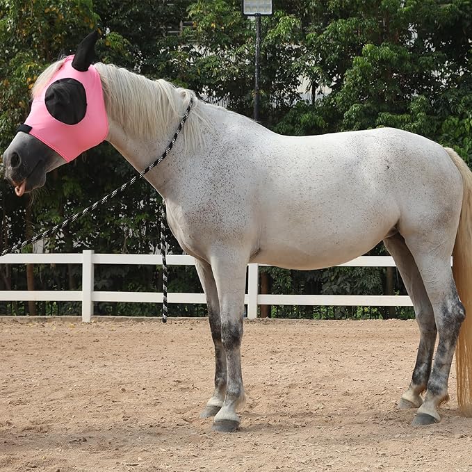 Horse Fly Mask with Ears - Large Eye Space for Full Vision, Breathable Stretch Comfort Fit, UV Protection, Forelock Opening, Easy Pull-On Pink Cob