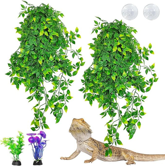 Hamiledyi Reptile Plants, 2 Pack Hanging Terrarium Plants Vines, Fake Amphibian Plants, Artificial Leaves Habitat Decorations with Suction Cup for Bearded Dragon Lizard Geckos Chameleon