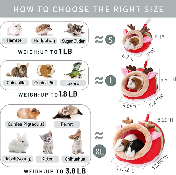 JanYoo Small Pet Gerbil Hedgehog Guinea Pig Bed Accessories Cage Toys Bearded Dragon House Hamster Supplies Habitat Ferret Rat for Christmas (XL, Reindeer)