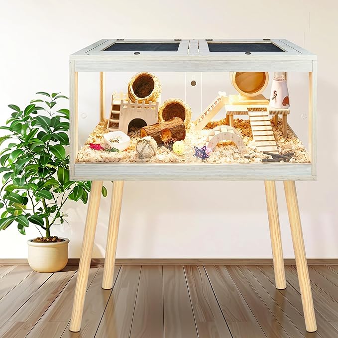 Hamster Cage Chewproof, Mice and Rat Habitat with Transparent Sides, Hamster House with Openable Mesh Top, Solid Built with Lock Design and Leg Stand, 40" Wide