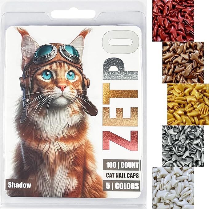 zetpo 100 pcs Cat Nail Caps | Cat Claw Covers | with Adhesives and Applicators (XS, Metal Red, Bronze, Gold, Silver, Pearl White)