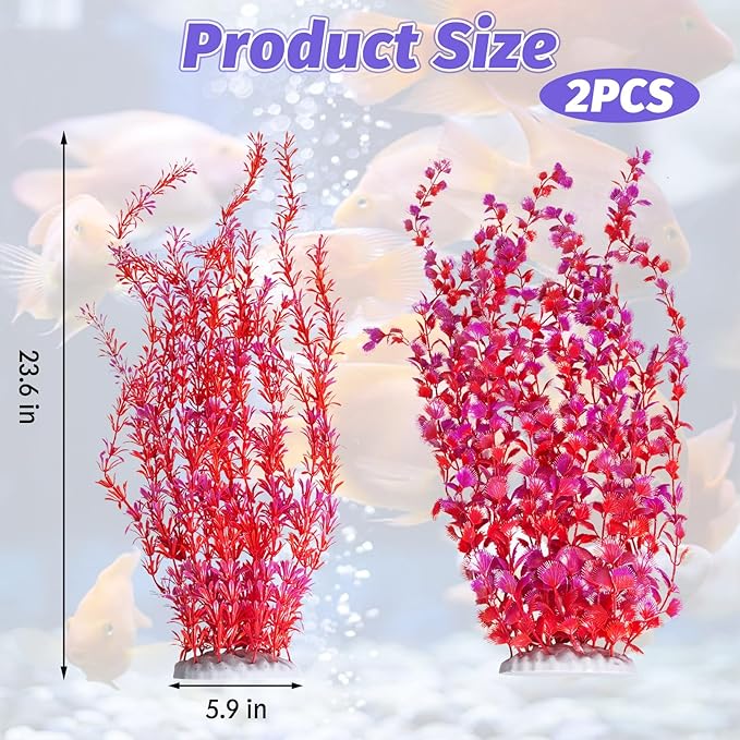 Hamiledyi Aquarium Plastic Plants Aquarium Decor Artificial Fish Tank Plants,Tall Fish Tank Decorations, Extra Large Aquarium Plant 23.6-inch Tall,2PCS（Red）