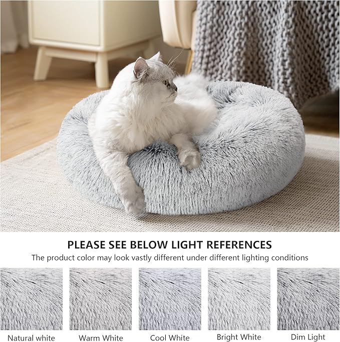 Love's cabin Calming Cat Bed for Indoor Cats, Anti-Anxiety Donut Round Dog Bed, Fluffy Faux Fur Washable Pet Bed for Small Medium Dogs and Cats,Grey,20in