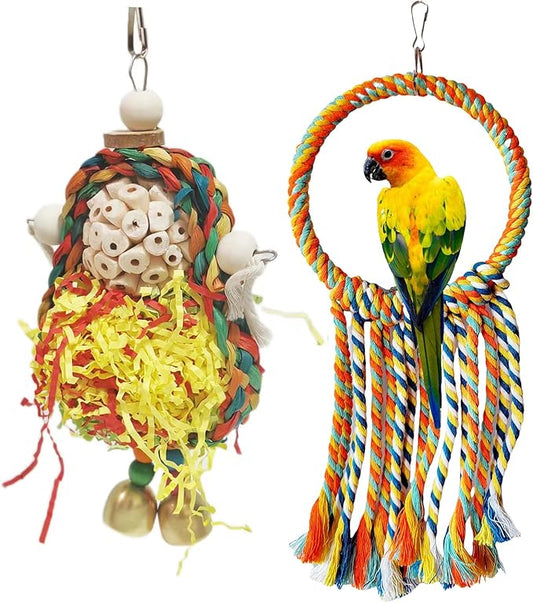 Bird Hoop Swing and Parakeet Toys,Natural Sola Balls and Shredding Hanging Toy,Birds Rope Swing,Suitable Small and Medium-Sized Parrots Toys,Birds Toy for Cockatiels,Conures,Lovebird