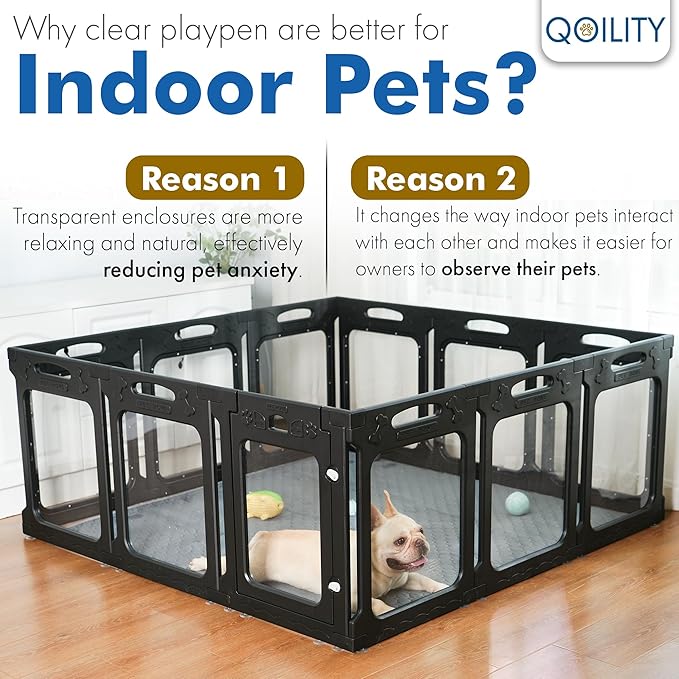Clear Acrylic Dog Playpen Indoor, Effectively Relieves Indoor Pet Anxiety, 56" x 56" x 23.6"H, Suitable for Puppy and Dog, Black