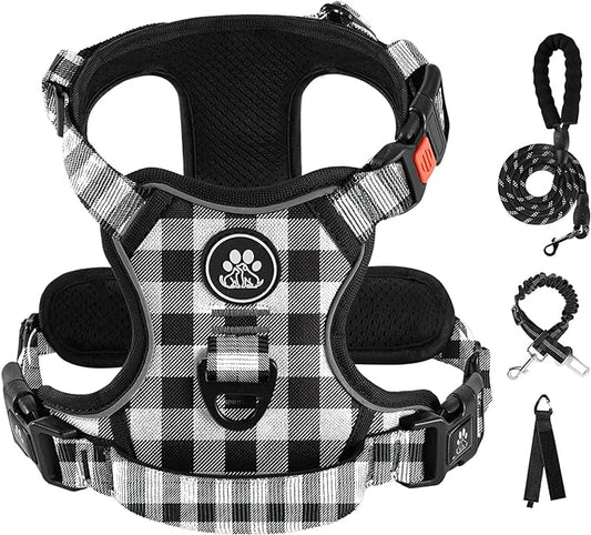 IVY&LANE No Pull Dog Harness with Leash Set, Reflective No Choke Pet Vest,Adjustable Oxford Dog Vest Harness with Easy Control Handle for Large Dogs (Checkered Black,XL)