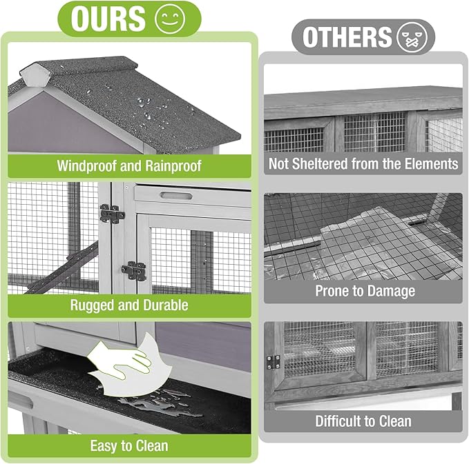 GUTINNEEN Rabbit Hutch Indoor Chicken Coop Outdoor, 51.6''L 2 Story Bunny Cage Weatherproof, Guinea Pig House with Run (Grey)