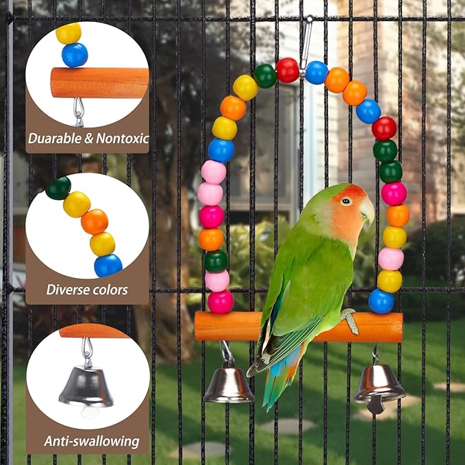 11Pcs Bird Parakeet Toys Wooden Bird Platform Stands Swing Hanging Chewing Toy Parrot Climbing Ladder Colorful Bird Cage Toys for Parakeet, Conure, Cockatiel, Love Birds, Finches