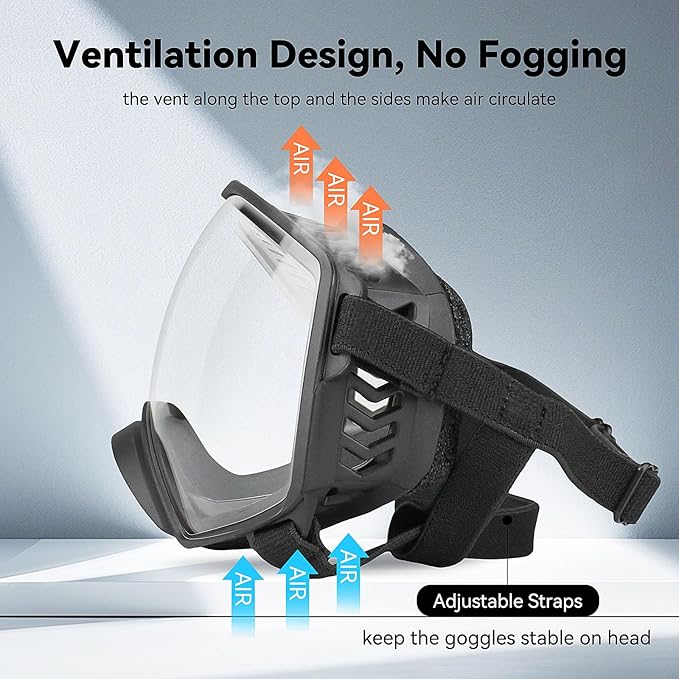 Dog Sunglasses UV Protection Clear Dog Goggles Windproof Glasses with Elastic Straps for Medium-Large Breed, Black Frame + Clear Lens