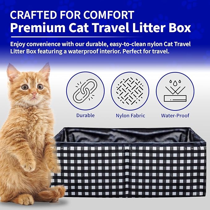 Pet Fit For Life - Vibrant Collapsible Travel Cat Litter Box - Portable, Foldable, Compact Design with Bonus Water Bowl - Ideal for Car & Camping - Reusable, Cats Safe - Black, (16"x12"x5")