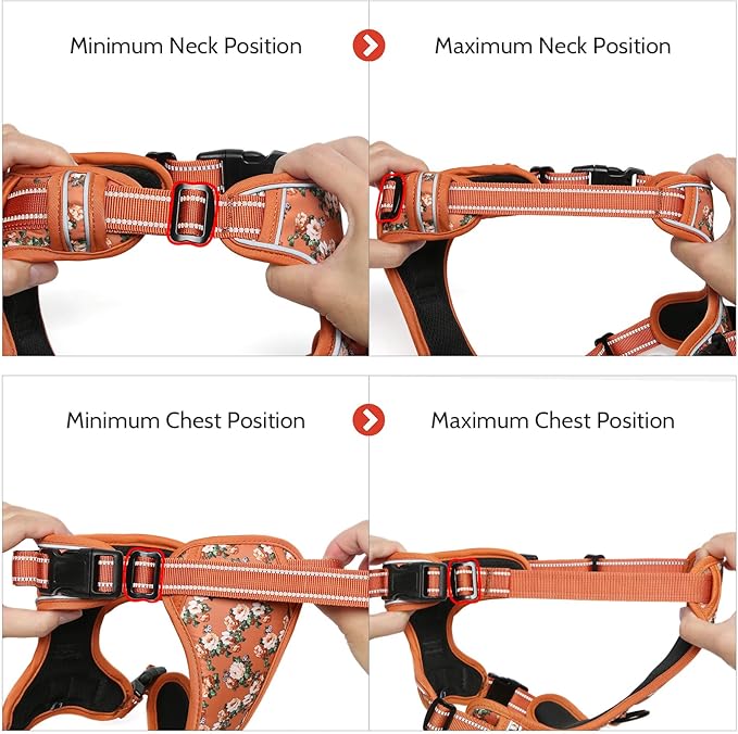 Timos Dog Harness, No Pull Dogs Harness 3 Snap Buckles Adjustable Reflective No Choke Pet Vest for Small Dog with Soft Padded Control Training Handle for Outdoor Training,Flower Orange, S