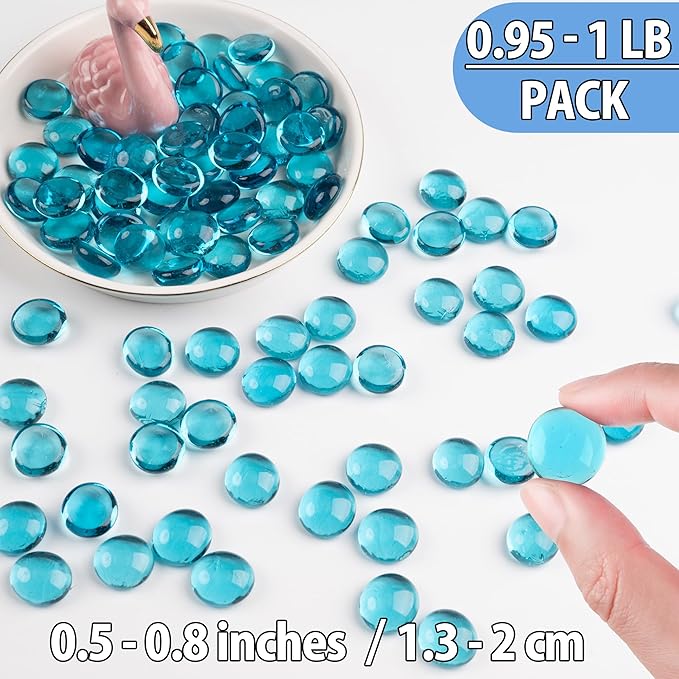 Sea Blue Glass Marbles, 0.97 LB Transparent and Smooth Flat Glass Beads for Vases, Mosaic Gem Pebbles for Aquarium Decor, Floral Arrangements, Mancala Stones, Vase Filler and Crafts,Approx. 80-100 PCS