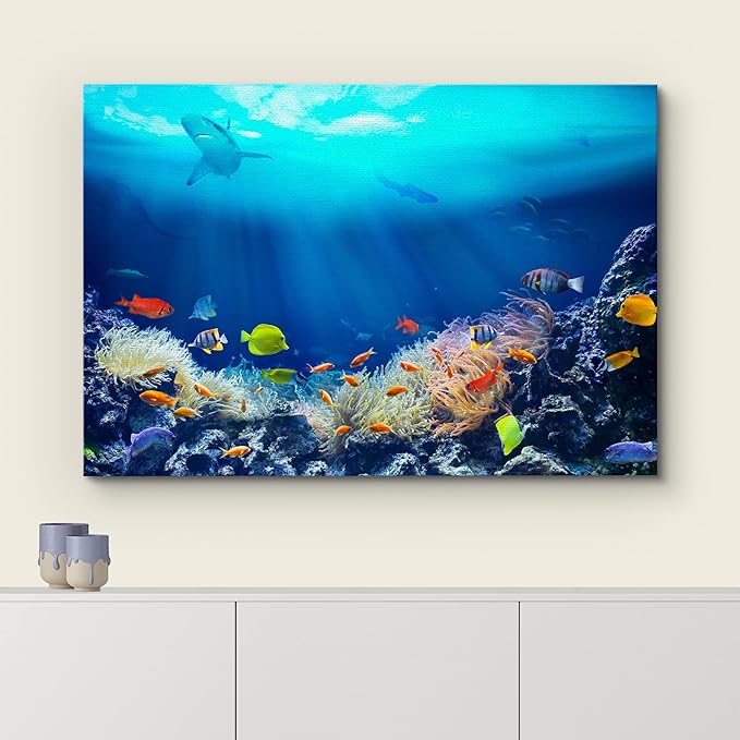 wall26 Canvas Print Wall Art Shining Sunlight Coral Reef Shark & Fish Nature Animals Photography Realism Rustic Scenic Landscape Wilderness Earth Colorful for Living Room, Bedroom, Office - 12"x18"