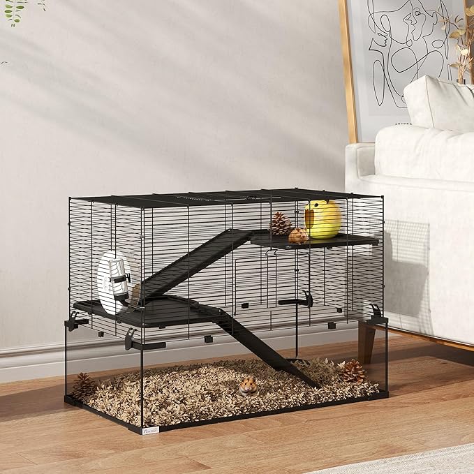 PawHut Large Hamster Cage with Deep Tempered Glass Bottom, 3 Tiers Hamster Tank with Running Wheel, Hut, Water Bottle, Dish, Rat Cage for Syrian, Dwarf, Gerbils, Mouse, 31" x 19" x 21.5", Black
