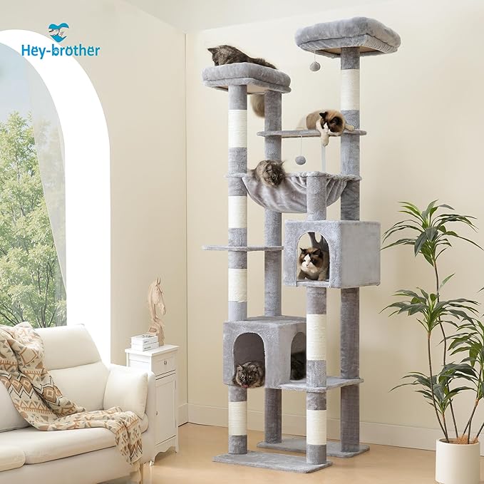 Hey-brother Tall Cat Tree Tower, Heavy Duty Scratching Posts with Large Platforms, Cozy Condos, Big Hammock, Toy Balls, Multi-Level Furniture for Indoor Adult Cats, 80.7 Inches, Light Gray MPJ039W