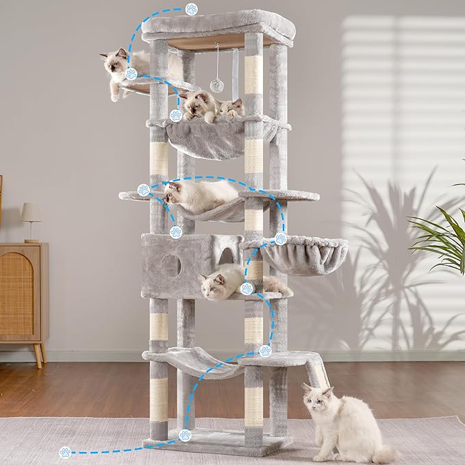 Hey-brother Cat Tree, 69.3-Inches Multi-Level Plush Cat Tower for Indoor Cats with Large Top Perch, Extra Spacious Hammock, 2 Hammocks Ramp, Hanging Ball, Light Gray MPJ037W