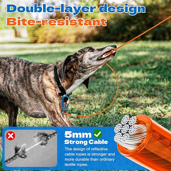 75ft Dog Runner for Yard Large Dog Heavy Duty with Double Shock Absorbers Tangle-Free Aerial Trolley System for Large Dogs Up to 250lbs (Orange)