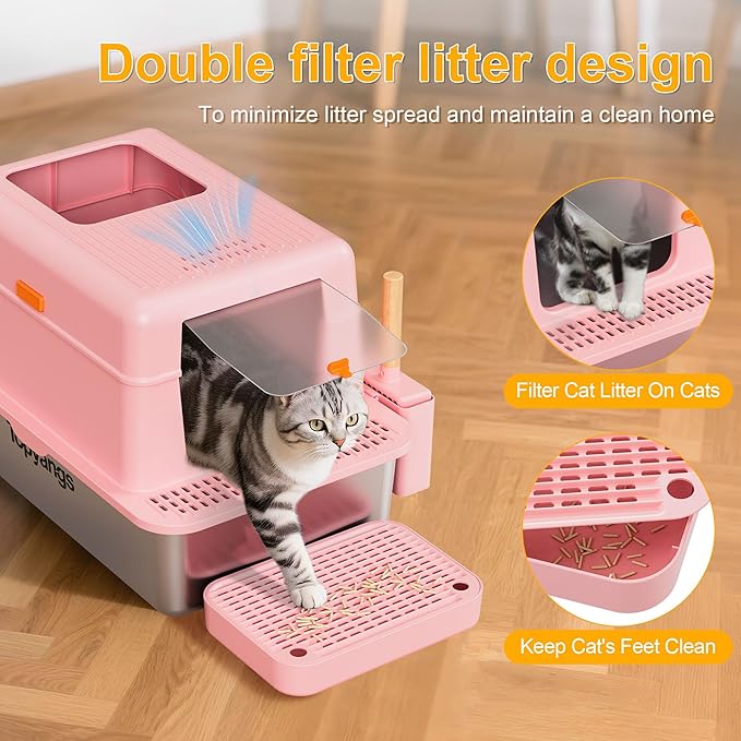 Stainless Steel Litter Box with Lid, 20L Metal Enclosed Litter Box for Big Cat, Flip-Top Design with Anti-Leakage High Sides, Large Cat Lovers Gifts (#2 Pink)