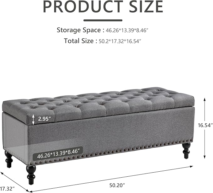 Ottoman with Storage,50.2-inch Upholstered End of Bed Storage Bench for Bedroom,for The Living Room,for Entryway, with Rivets & Button and Safety Hinges,Detachable (Grey)