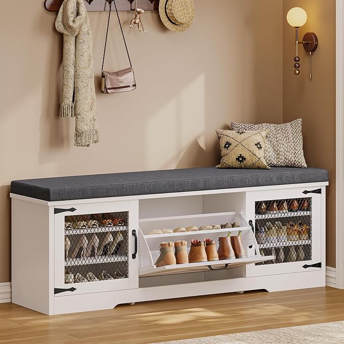 Farmhouse Storage Bench with Flip Drawers & Padded Seat Cushion, Half Hidden Shoe Rack Organizer, Adjustable Shelf Shoe Cabinet for Large Family, Entryway, Bedroom, Living Room (White)
