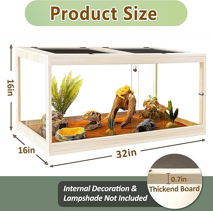 Tempered Glass Bearded Dragon Tank,32 Gallon Reptile Tank with Meatl Mesh Roof and Front Sliding Door, Anti-Scratch Lizard Tank,Spacious Reptile Enclosure for Snakes,Lguanas, Chameleons (Oak)